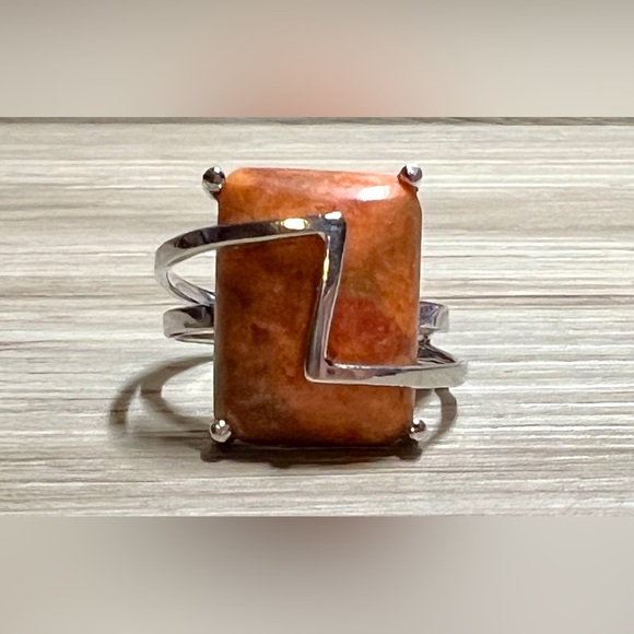Designer Signed DW Sterling Silver Orange Jasper Zig Zag Lace Ring, Size 6, 5g - Picture 2 of 10
